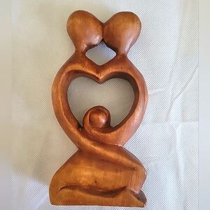 Abstract Minimalist Heart-Shaped Kissing Couple & Child Carved Wooden Sculpture